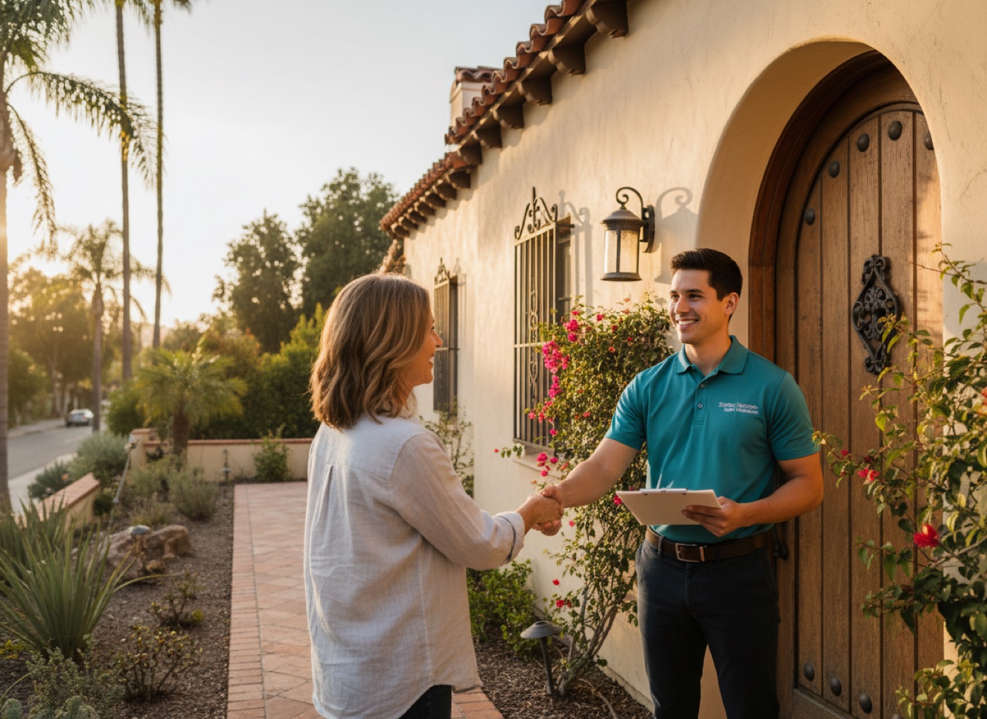 Pure Water technician greeting a homeowner at their front door
