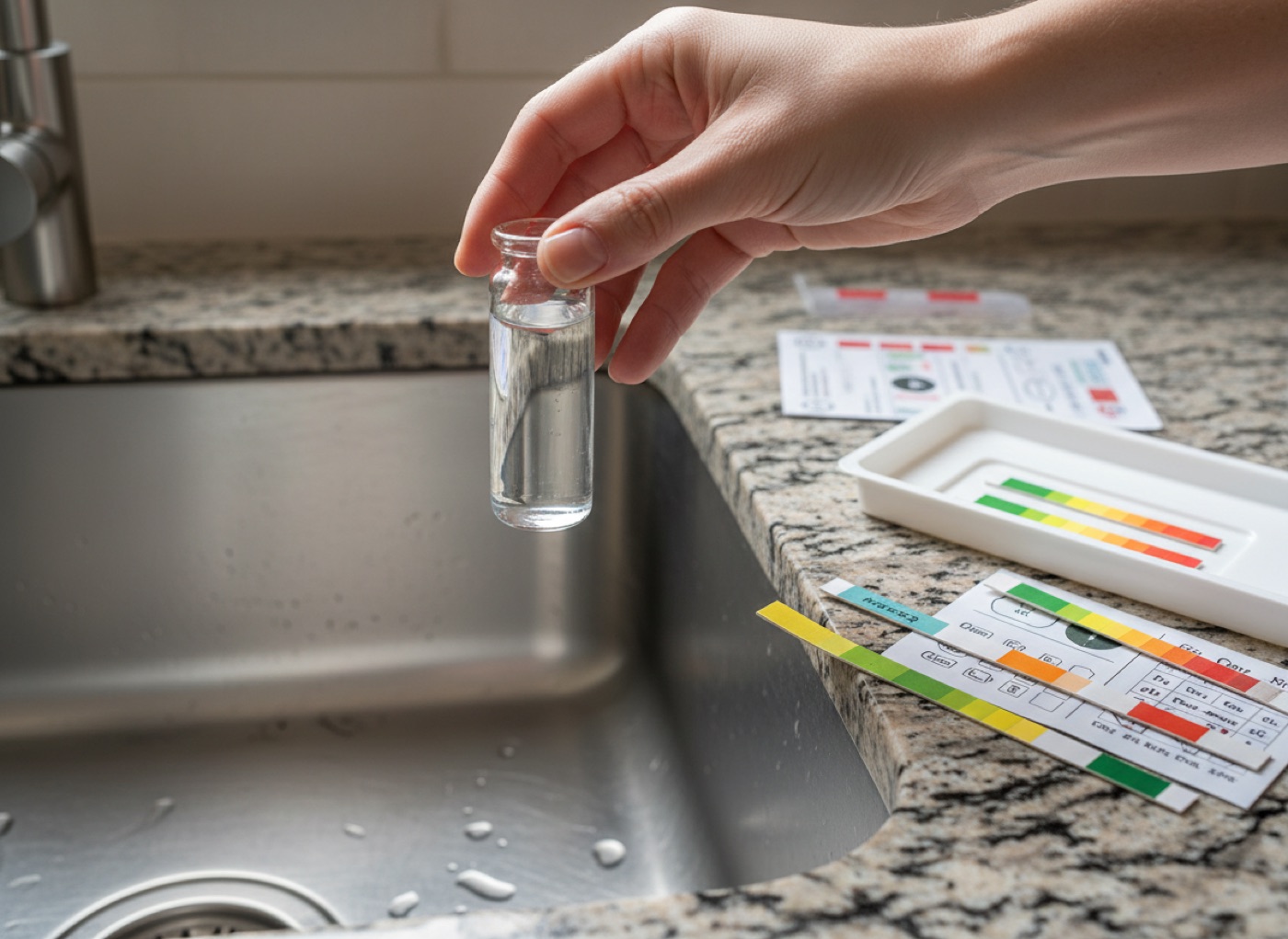 Water sample vial held over a kitchen sink for PFAS screening