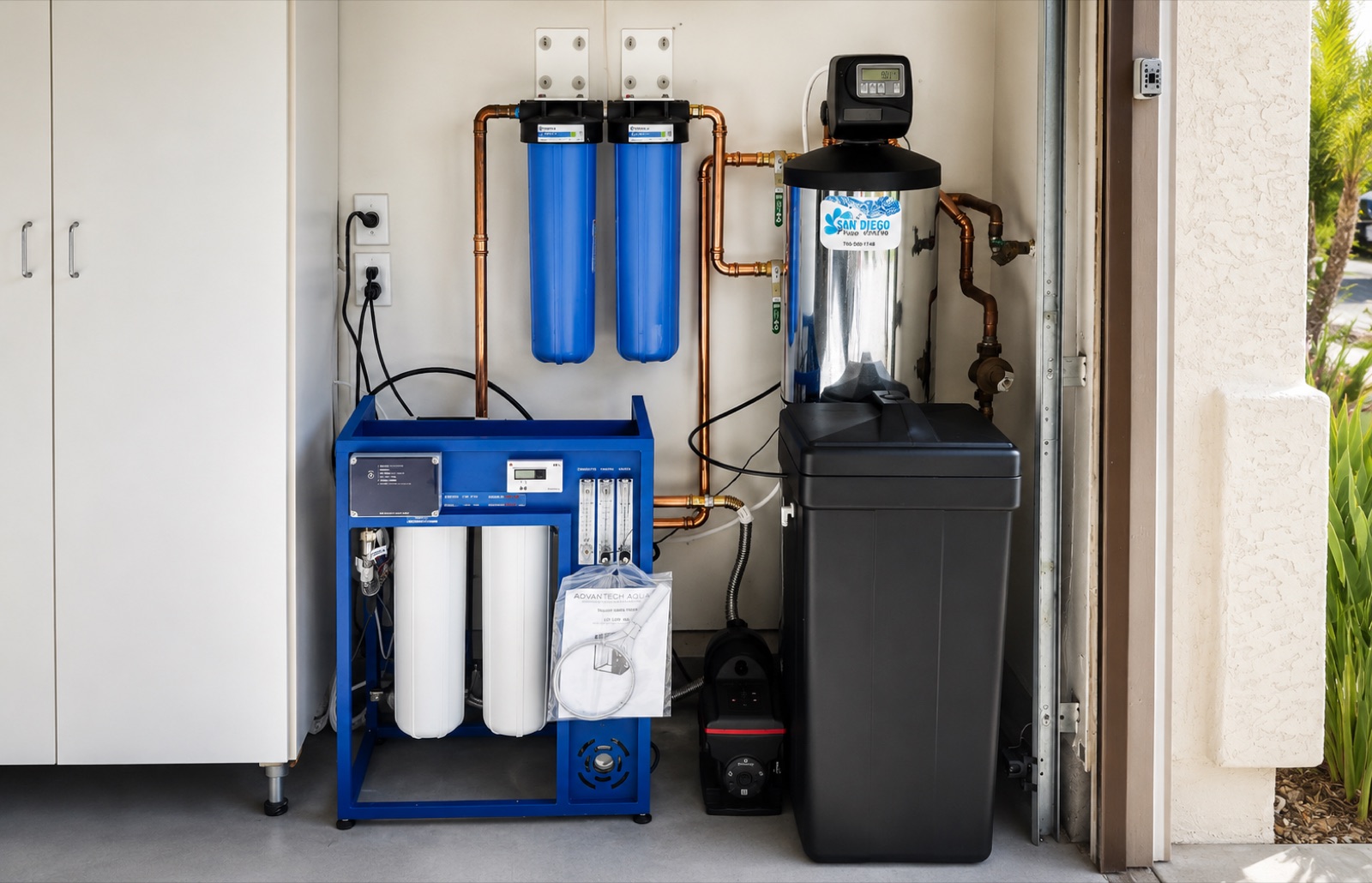 Water softener system installed in a San Diego garage