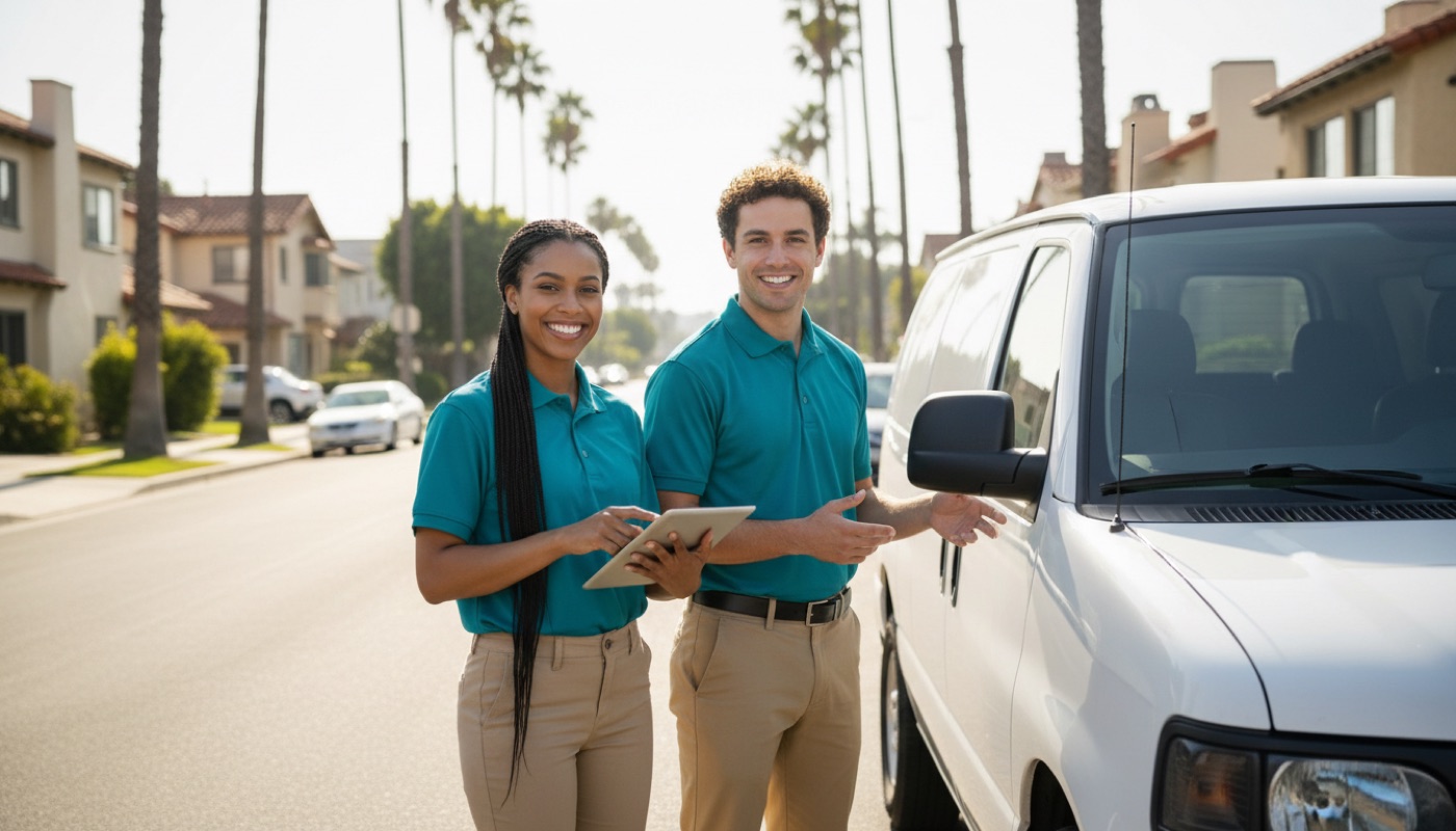 San Diego Pure Water technicians beside a service van on a San Diego street
