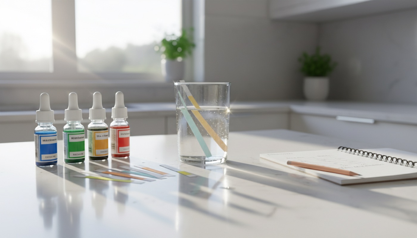 Home water testing kit with dropper bottles and color strips on a kitchen counter