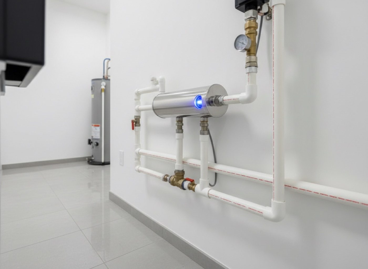 Ultraviolet water purification chamber on residential piping