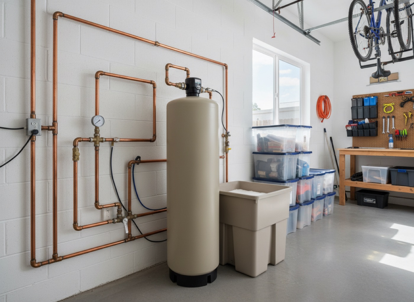 Water softener system installed in a San Diego garage
