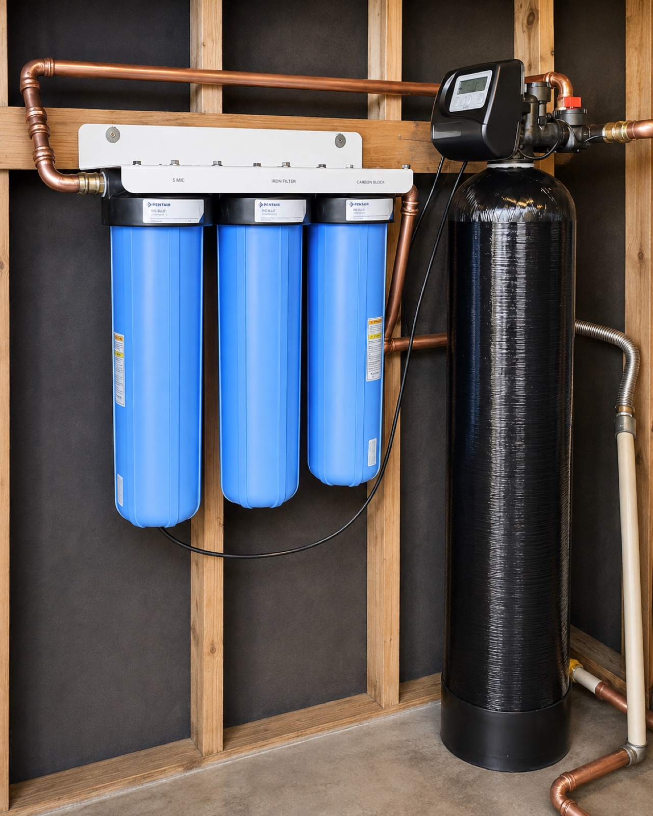 Multi-stage well water treatment system with sediment, iron, and carbon filters