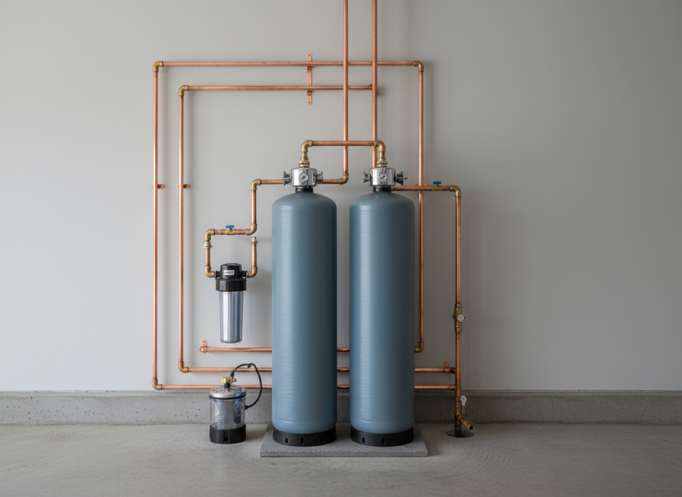 Whole house water filtration tanks with copper piping